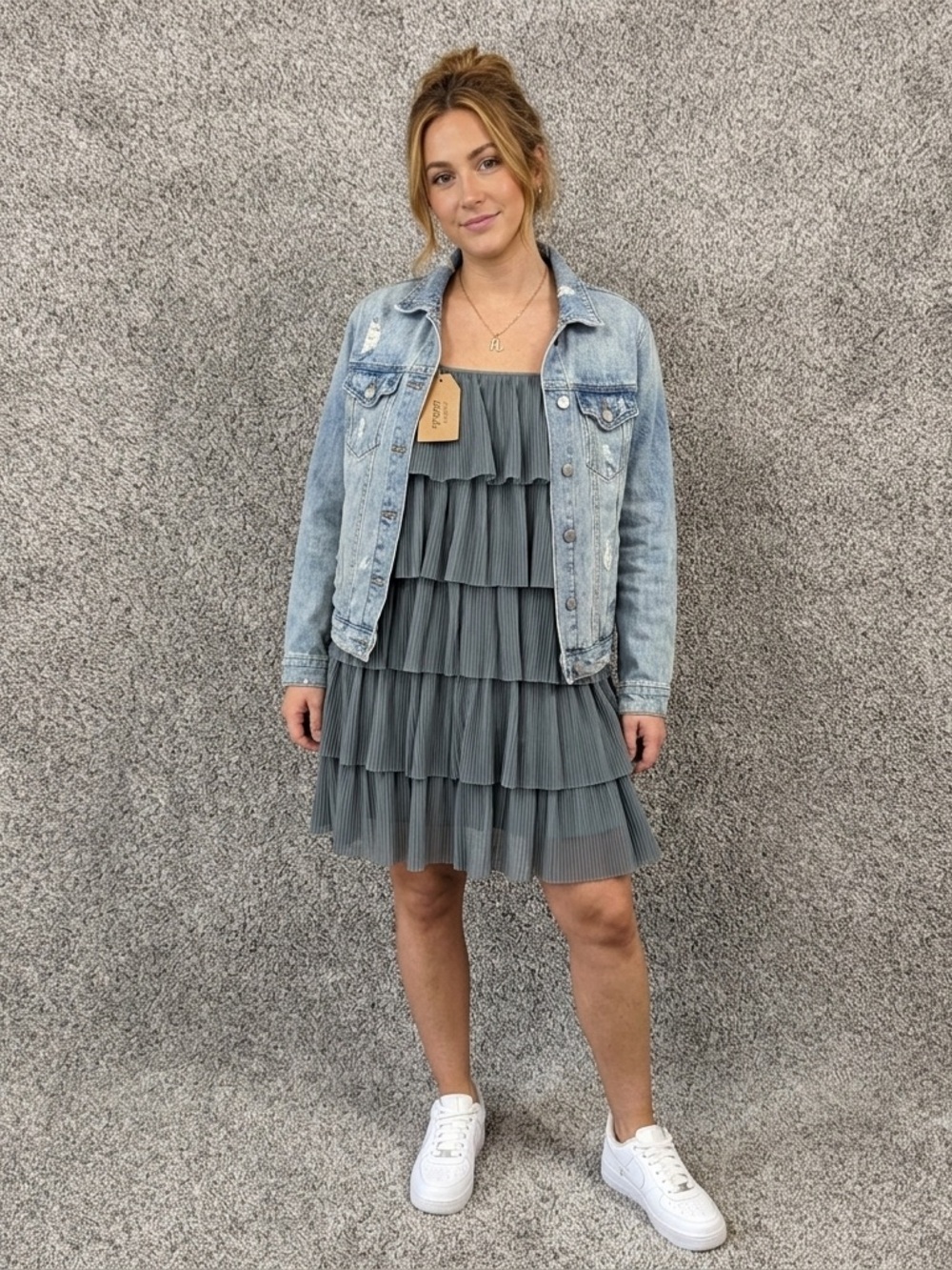 NWT Listicle Slate Grey Pleated Layered Mini Dress Maximalist Lined Women’s L